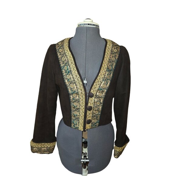 Vintage Embroidered Brown Suede Jacket With Gold & Teal Accents Boho Festival